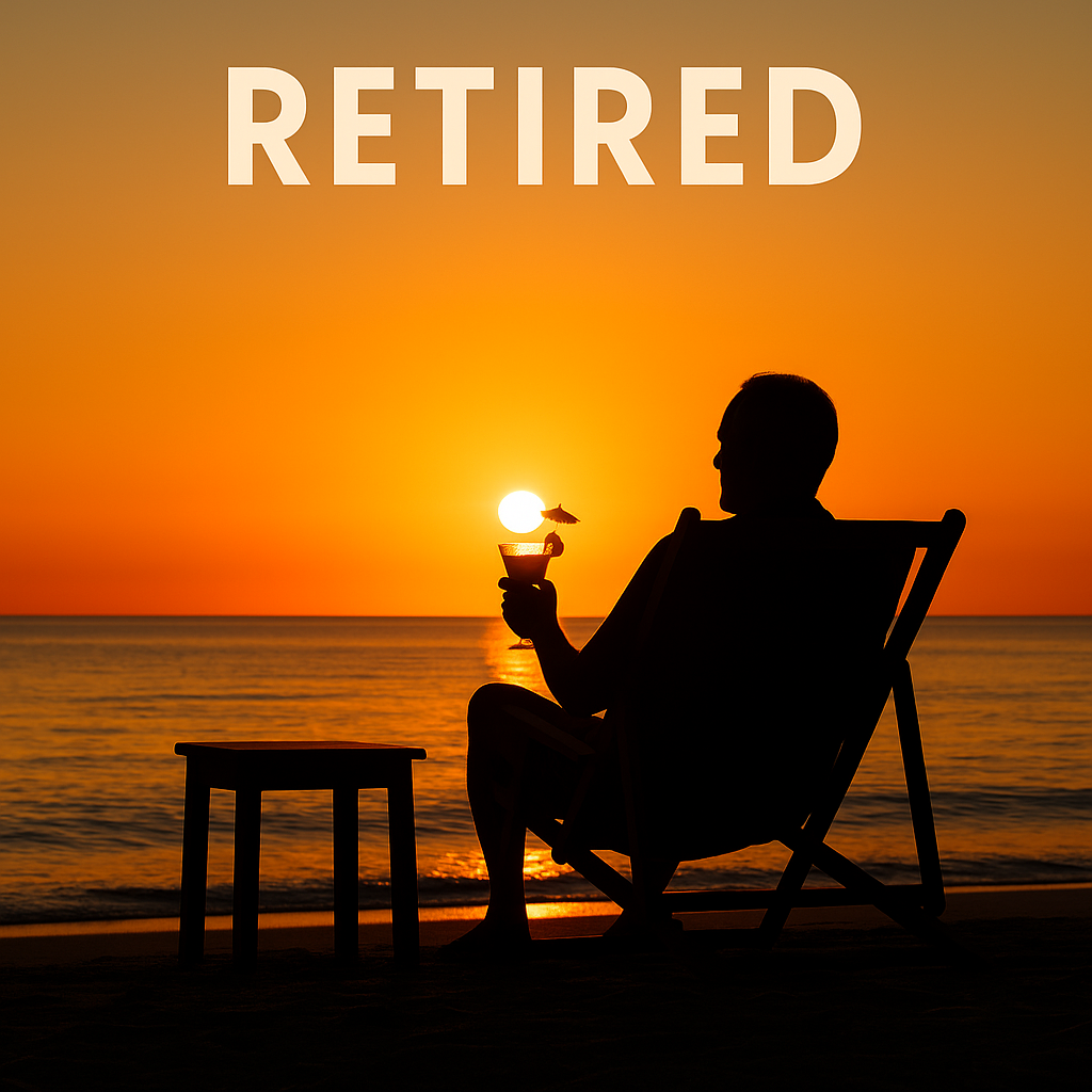 Silhouette of a retired man at the beach at sunset holding a cocktail